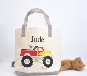 Large Personalized Monster Truck Tote , Boys Preschool tote bag
