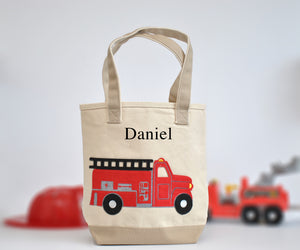 Personalized Medium Fire Truck Tote, Boys Preschool, Library tote bag