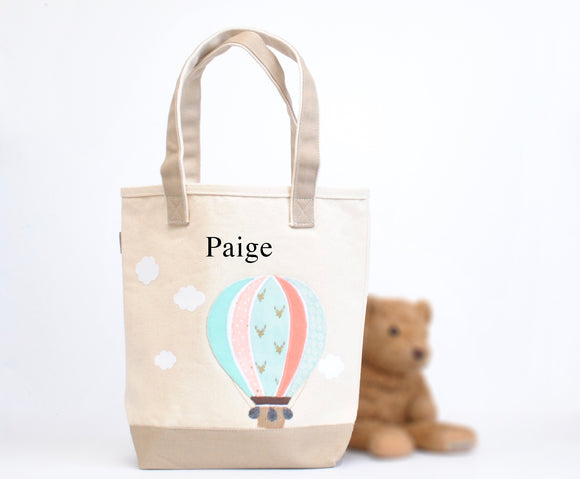 Mint Hot Air Balloon Tote, Personalized Nursery Baby Shower gift,  Kids Library bag