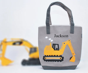 Gray Personalized Medium Digger Tote, Boys Construction Preschool tote bag