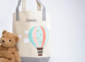 Large Mint Hot Air Balloon Tote, Personalized Nursery Baby Shower gift,  Kids Library bag