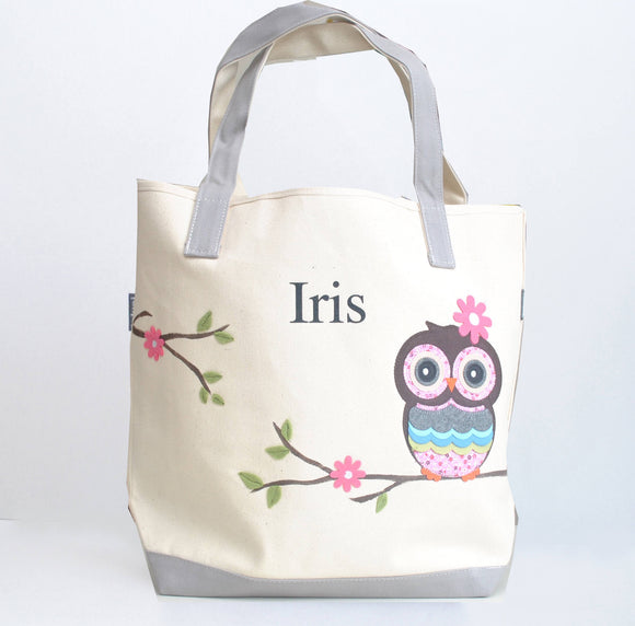 Personalized Large Owl Tote bag, Girls Preschool tote Bag