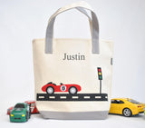 Personalized Large Car Tote bag, Preschool tote bag, Kids Race Car Library Bag