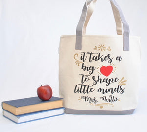 Personalized Big Heart Teacher Tote Bag, Kindergarten, Preschool teacher appreciation gift