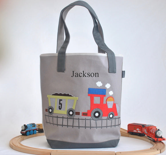 Gray Personalized Medium Train Tote, Boys Preschool tote bag