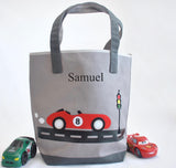 Personalized Medium Car Gray Tote bag, Preschool tote bag, Kids Race Car Library Bag