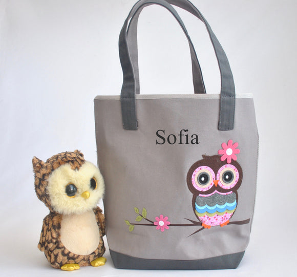 Gray Personalized Owl Tote bag, Girls Preschool tote Bag