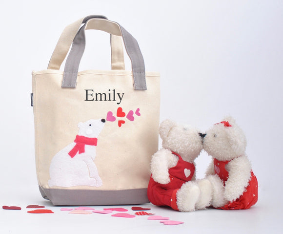 Small Polar bear heart tote, Valentine gift tote bag