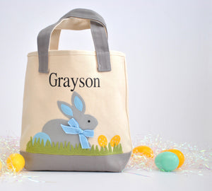 Personalized Easter tote, Monogram Easter Basket, Gray/ Blue Bunny tote