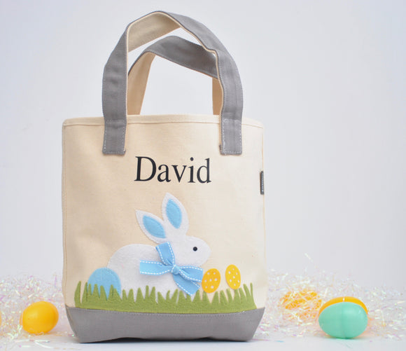 Personalized Easter tote, Monogram Easter Basket, White/ Blue Bunny tote