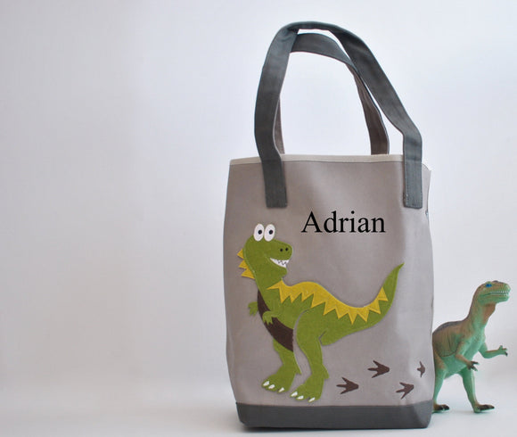 Personalized Dinosaur Tote Bag -Medium Gray, Boys Preschool tote bag, Kids Library book bag