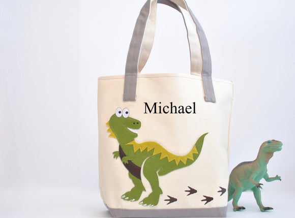 Personalized Dinosaur Tote Bag -Large, Boys Preschool tote bag, Kids Library book bag